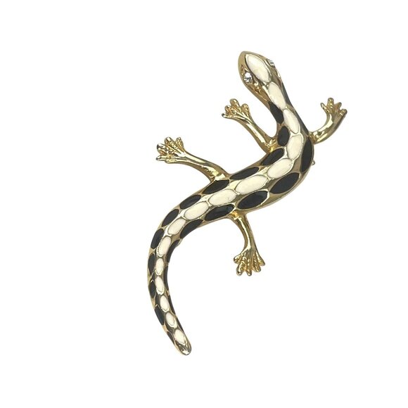 Gold-Tone Enamel Gecko Lizard Brooch Pin With Crystal Eyes - Picture 2 of 8